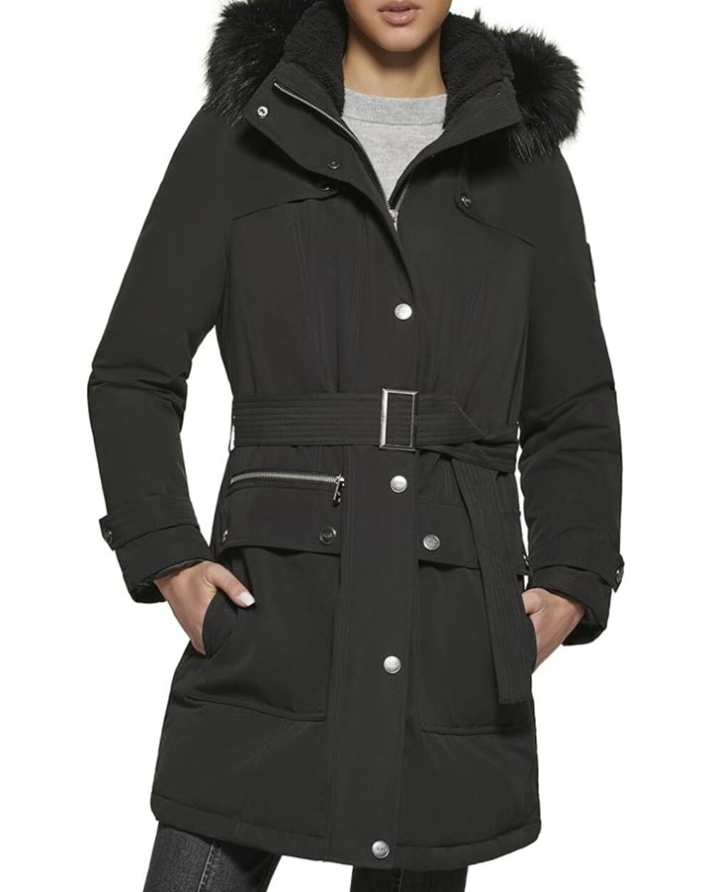 DKNY Women's Faux Fur Hood Anorak Winter Coat XS Black Belted NWT